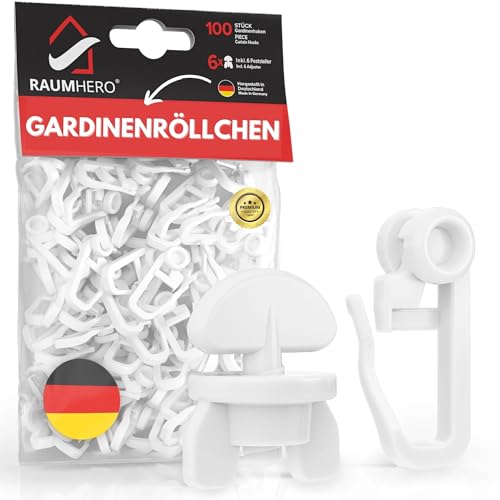 Raumhero® Gardinenröllchen für Schiene (Komplettset 100x Gardinenhaken inkl. 6X Stopper) - 8mm Standardmaß Gardinengleiter - Gardinenhaken für Schienen - 100% Made in Germany