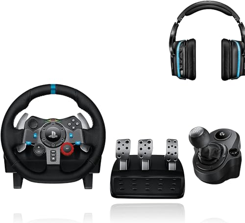 Logitech G29 Driving Force Gaming Rennlenkrad, Zweimotoriges Force Feedback - Schwarz + Logitech G Driving Force Schalthebel - Schwarz + Logitech G935 kabelloses Gaming-Headset - Schwarz