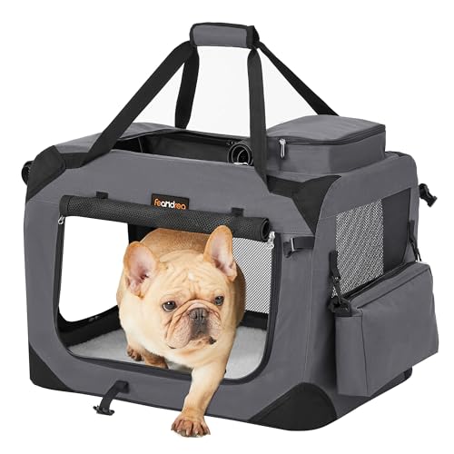 Feandrea Hundebox faltbar, Transportbox Hund, M, Hundetasche, Oxford-Gewebe, Netzstoff, atmungsaktiv tragbar transportabel, Metallrahmen, mit Griffen, Taschen, 60 x 42 x 42 cm, grau PDC60GY