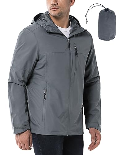 33,000ft Regenjacke Herren Wasserdicht Outdoorjacke Leichte Freizeitjacke Packbare Windjacke Fahrrad Regenmantel mit Kapuze Silbergrau L