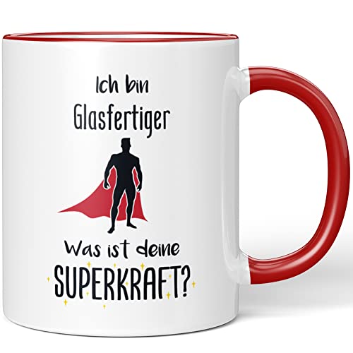 JUNIWORDS Tasse, Ich bin Glasfertiger. Was ist deine Superkraft?, Rot (5931054)