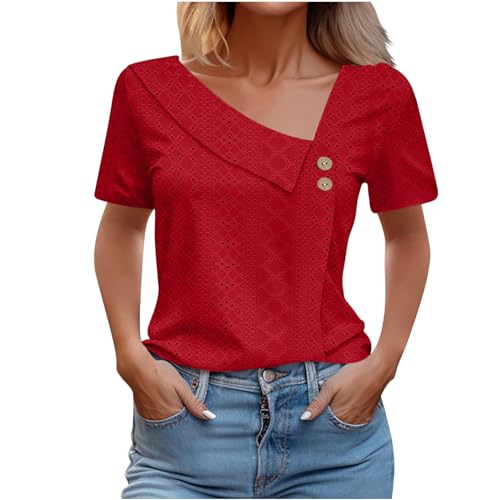 Tshirt Damen Elegant Oberteile Sommer Kurzarm Bluse Hohle Tunika Tee Tops Retro Geschäft Shirt Freizeit Basic Hemdbluse mit Knopfleiste Sommerbluse Bequemer Lang Sommershirt für Frauen