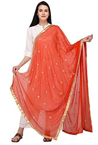 Aashita Creations Damen Chiffon, bestickt, Dupatta_1095, Orange/Abendrot im Zickzackmuster (Sunset Chevron), Einheitsgröße