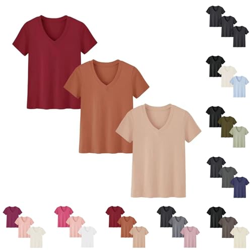 3er Pack Basic Tshirt Damen V Ausschnitt Einfarbig T-Shirt Damen Locker Sommerbluse Elegant Kurzarm Tops Baumwolle Sommer Shirts Tunika Bluse Oberteile Damentops für Sport & Freizeit