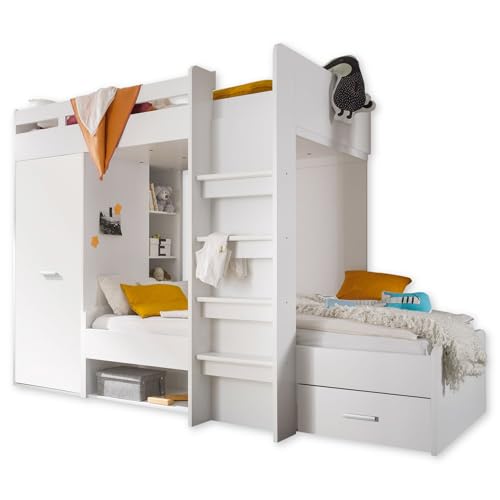 Stella Trading Maxi Modernes Hochbett mit Schrank & 2X Liegeflächen 90 x 200 cm - Platzsparendes Kinder Etagenbett in Weiß - 269 x 180 x 115 cm (B/H/T)