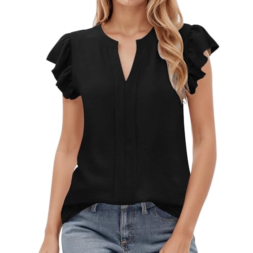 Generisch Damen Elegante Oberteile für Alltag Business mit Rüschenärmeln V-Ausschnitt für den Sommer ideal für Büro Freizeit (Black, XL)