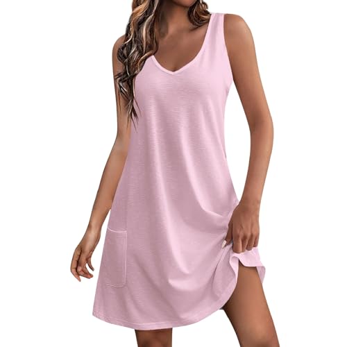 Sommerkleider Damen Leicht Ärmellos Tank Kleid Luftig V Ausschnitt Swing Kleider A Linie Minikleid Lässige Strandkleid Böhmisch Blumenkleid Freizeitkleid Vintage Tunikakleid (A09 Pink,S)