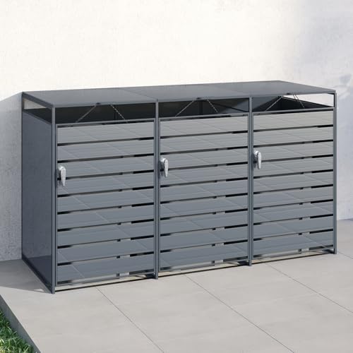 STEELSØN Mülltonnenbox 3er Thoria, Mülltonnenverkleidung aus Stahl für 3 Tonnen, Müllcontainer jeweils 240 Liter mit Sichtstreifen in anthrazit, Müllbox 206 x 79 x 116 (BxTxH) – B-Ware