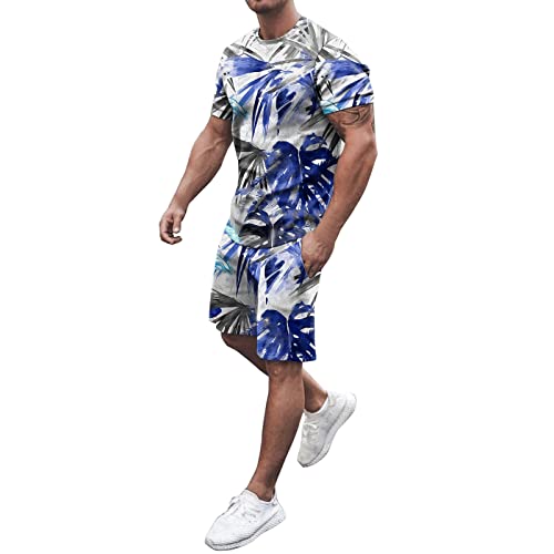 Generisch Herren Frühling Sommer Strand Kurzarm Sport Print Shirt Short Set 2-teiliges Hemd-Hose-Set mit Tasche Hausanzug Jogginganzug Kurze Hosen Herren Cargo Shorts Sommer Baumwolle (Blue, XL)