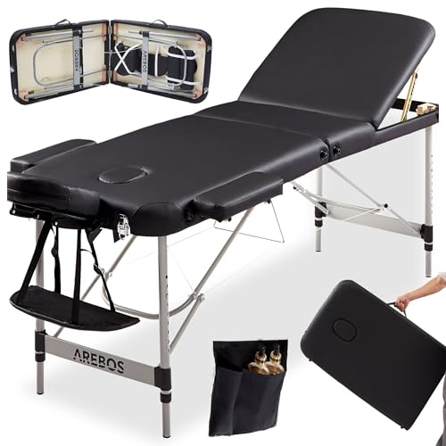 Arebos Mobile Massageliege 3 Zonen, Massagetisch, Massageliege klappbar, höhenverstellbare Aluminium Massagebett Kosmetikliege tragbar inkl. Zubehör, Kopfstütze, Armlehne und Tragetasche, Schwarz