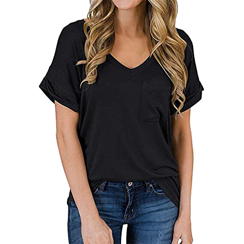 Damen-T-Shirts KurzäRmliger V-Ausschnitt, Lockere, LäSsige Sommeroberteile Einfarbiges Basic-Tunika-T-Shirt Mit Tasche (M,Schwarz 1)