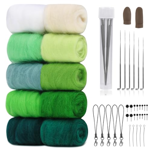 10 Colours Wool 100g Filzwolle, Nadelfilzset mit Roving Wolle in grüner Serie, Wolle zum Nadelfilzen, Wollroving-Kit mit Filznadeln Werkzeugen, Nadelfilzsets für Anfänger