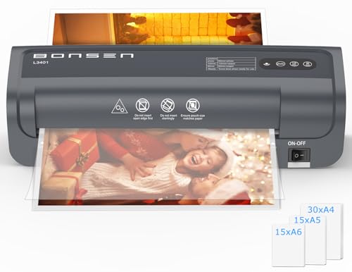 BONSEN Laminiergerät A4 mit Never Jam Technologie, 60 Laminierfolien inkl. (30 x A4, 15 x A5, 15 x A6), Präzise NTC Temperaturkontrolle, Schnelllaminierung für Zuhause, Schule, Büro, L3401