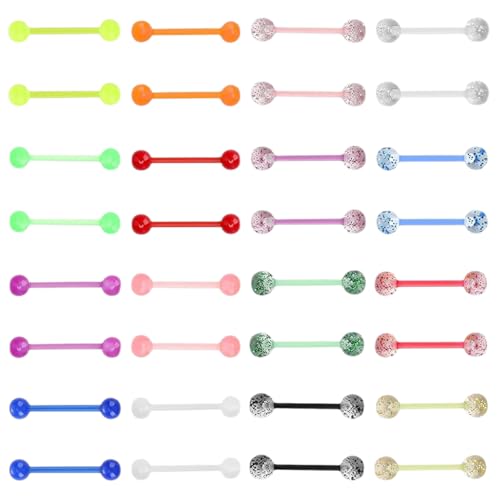 agogue 32 Stück Zungenpiercing,Nippelpiercing Brustwarzenpiercing Zungenpiercing Kunststoff Nipple Piercing, Kugeln Piercing Zunge Nippel Piercings Set Neon Farben Kugel 16mm