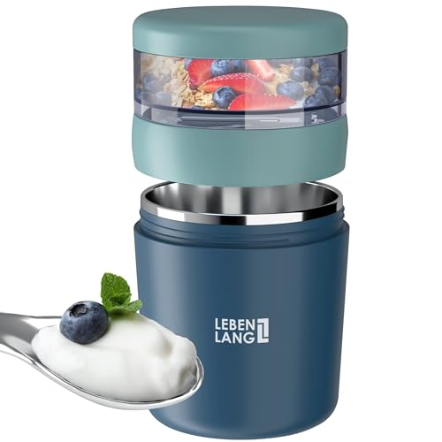 LEBENLANG Müslibecher To Go mit Löffel - Isolierende Edelstahlinnenwand & 650ml I Joghurtbecher to go Müslibecher Müsli to go Becher für Porridge Joghurt Yoghurt Kinder & Erwachsene Unterwegs