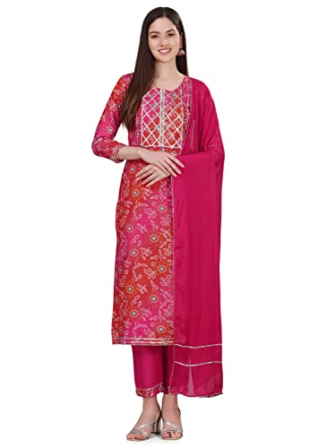 TRENDMALLS Damen Baumwolle Bandhani Print Kurta Hose Anzug Set Orange Pink, Pink, X-Large