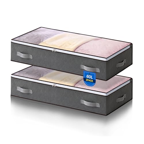 AIOR 2 Stück 60L Unterbettkommode mit Sichtfenster, Faltbare Unterbett-Aufbewahrungstasche Kleideraufbewahrung, Decken Organisator Lagerbehälter, 80x50x15cm