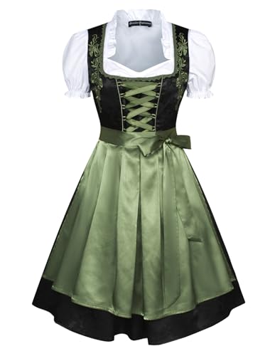 SCARLET DARKNESS Damen 3tlg Dirndl Kleid, Dirndlschürze, Bluse Oktoberfest Dirndl Knielang Kleid Schwarz und Grün XL