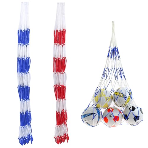 Tragbare Ballnetz, Ballnetz Net Tasche, Ballnetz Groß, Balltragenetz, Balltragenetz Ball Carry Net, Geeignet für Fußball, Basketball, Volleyball, Handball, 2 Stück, Rot und Weiß + Blau und Weiß