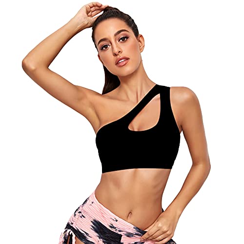 Vertvie Damen One Shoulder Sport BH Sexy Bügellos Workout Bra Gepolstert Tank BH Push Up Bequem Yoga Bralette Fitness Training Mittlere Unterstützung(Schwarz，L)