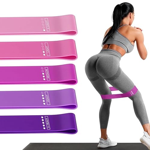 Fitnessbänder 5er Set Widerstandsbänder mit 5 Stufen Übungsbänder für Heim-Fitness, Stretching, Krafttraining, Physiotherapie, Pilates, Yoga, Elastische Workout-Bänder für Frauen (Lila+Rosa)