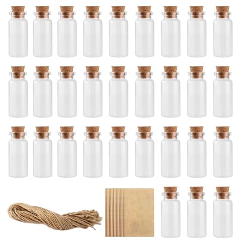 GESDYO 30pcs 10ml Mini Glasfläschchen Wunschflaschen Kleine Reagenzglas mit Korken Wunsch und Nachrichtenflasche Mit 30 Hanfseil 30 Etikettenkarten für Hochzeitsfeier, Dekoration, Wunsch