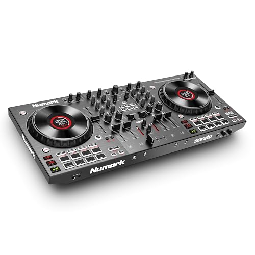 Numark NS4FX – 4-Kanal DJ Controller Pult, Touch-Jogwheels mit Display, Pads und Effekten, Booth- und Main-Ausgänge, Serato DJ Lite enthalten