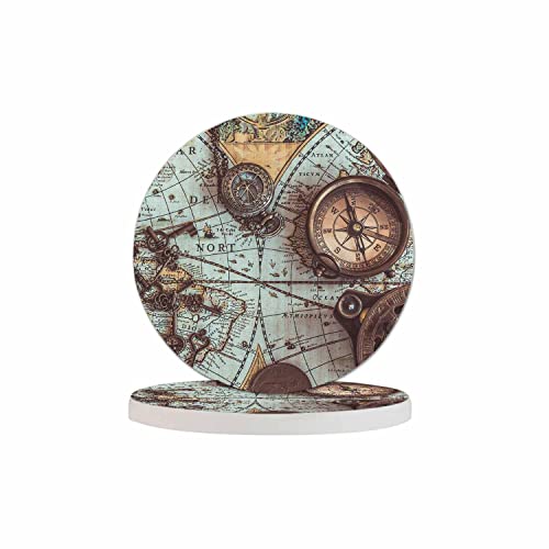 Pznen Antike Piraten seltene Gegenstände Tasse Untersetzer für Tisch Retro Kompass Vintage Skelett Schlüssel Weltkarte Abenteuer Wiederverwendbare Getränkeuntersetzer Set 2 Stück Kaffee Zuhause