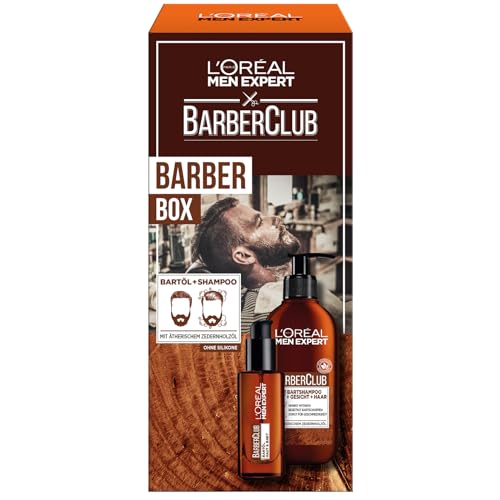 L'Oréal Men Expert Bartpflege-Set für Männer, Geschenkset mit Bartshampoo und Bartöl, Geschenk für Herren mit Zedernholzöl, Barber Club, 1 x 200 ml, 1 x 30 ml