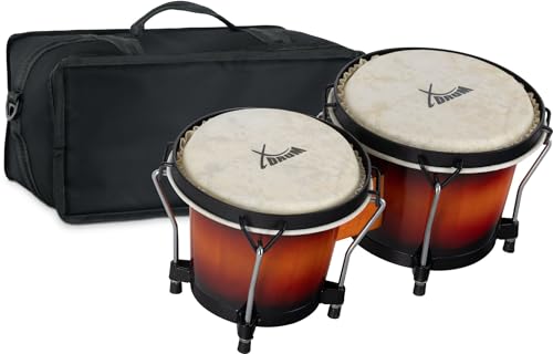 XDrum Bongos Club Set - 6" Macho und 7" Hembra - Naturfelle - professionelles Stimmsystem - Schwarz satinierte Hardware - Set inkl. gepolsterter Bongotasche aus Nylon - Vintage Sunburst