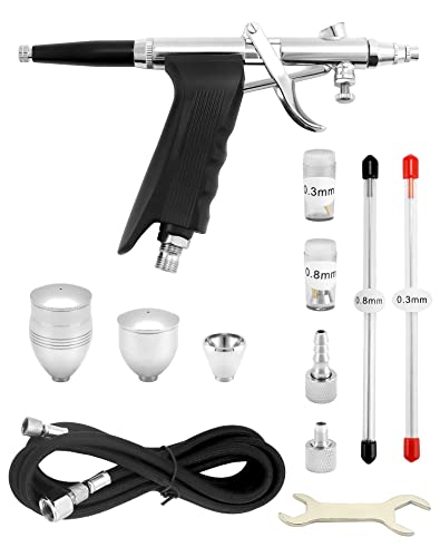 QWORK® Airbrush-Kit Airbrushpistole System - Düsen 0,3 mm 0,5 mm 0,8 mm - Farbbecher 2 cc 5 cc 13 cc - Schlauchlänge 1,8 m