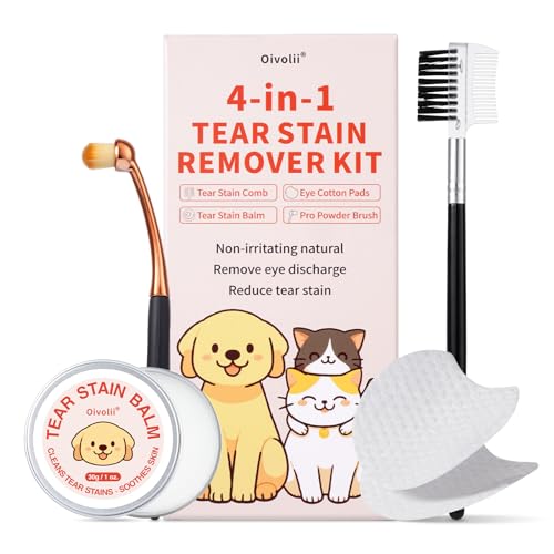 Oivolii 4 in 1 Tränenfleckenentferner Kit für Hunde & Katzen - Inklusive Tränenfleckenbalsam, Tränenfleckenkamm, Pro Puderbürste, Augenwattepads - Augenpflege für sanfte Entfernung von Tränenflecken