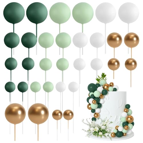 Tortendeko Kugel, 32 Stück Mini-Ballons Tortenaufleger, Kugeln Cake Topper für Hochzeit Party Babyparty Geburtstag Torte Dekorieren Dunkelgrün Hellgrün Weiß Gold (32, Grün)