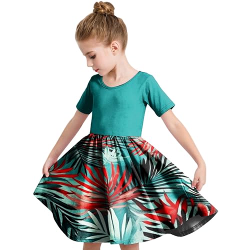 Sommerkleider Mädchen 2025 Elegante Puffy Ärmel Leicht Und Luftig Minikleid Casual Rundhals Kurzarm Partykleid Cute Ärmellos V-Ausschnitt Midikleid Girls Blumendruck Blusenkleid（2-Green,4Jahre)