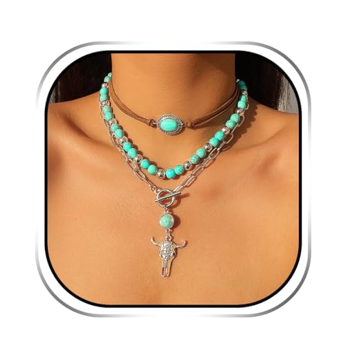Handcess Boho Türkis Choker Silber Stier Anhänger Halskette Perlen geschichtete Halskette für Frauen, Einheitsgröße, Türkis