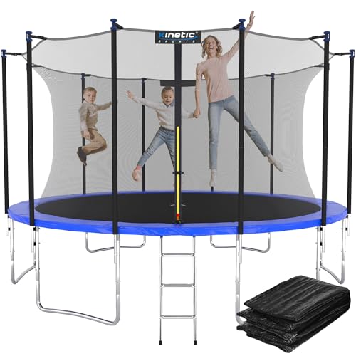 KINETIC SPORTS Trampolin Outdoor 'Salto Plus' Ø 490 cm – TÜV Rheinland geprüft, Komplett-Set für Kinder, USA Sprungtuch, Netz, Randpolster, Leiter – bis 150 kg, Blau