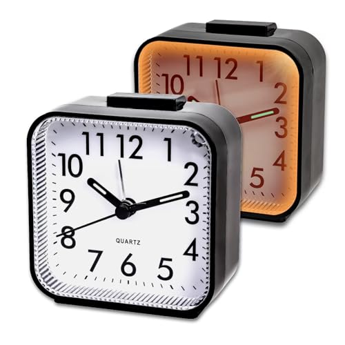 CIMOYBAI 2 Stücke Wecker Analog Ohne Ticken, Schwarz Wecker mit Licht, Batteriebetrieben, Schlummerfunktion, Tragbarer Wecker, Leuchtendes Display, Leise Klein Reisewecker für Tiefschläfer