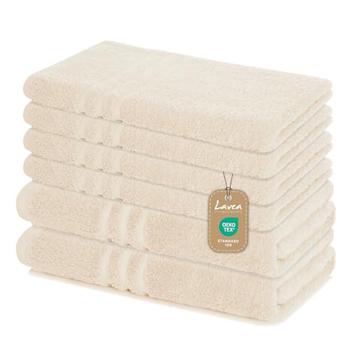 Lavea 6-teiliges Handtuchset aus 100% Baumwolle – Creme, 4 Handtücher 50x100 cm & 2 Duschtücher 70x140 cm – Weich, saugstark & Oeko-TEX zertifiziert – Flauschiges Badehandtuch Set für Bad, Gäste & Spa