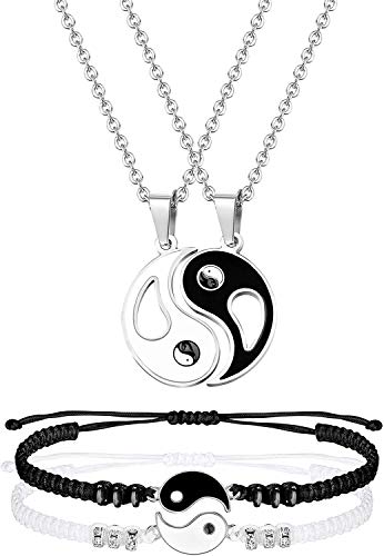 LOLIAS Yin Yang Halskette Armband Set für Paar BFF Passende Armbänder Verstellbare Kordel Puzzle Anhänger Halskette Ketten Set Geschenk für für Freundschaft Freund Freundin