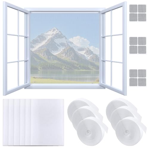 Ajuanbazha 6 Stück Fliegengitter für Fenster, 150x130cm Insektenschutznetz mit Selbstklebeband, Zuschnittfähig, Mückenschutz Fenster mit Reparaturset (Weiß)