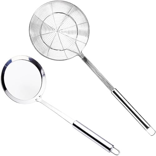 Schaumkelle Edelstahl,Spinnen Sieb,Feines Sieb Schaumlöffel,Spinnensieb Skimmerkelle,Schaum Löffel Filter Set,Geeignet zum Kochen,Braten,Dünsten und Schöpfen von Speisen in der Küche(14cm&Schaumkelle)