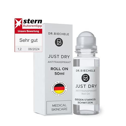 Dr. Biechele Just Dry Antitranspirant Deo gegen starkes Schwitzen I Medizinisches Anti Schweiß Deo bei Hyperhidrose, schwitzige Hände, Achselschweiß I Deoroller für Damen & Herren, 50 ml