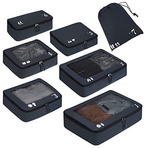 ECOHUB Koffer Organizer Packing Cubes 7-Teiliges Koffer Organizer Set Packwürfel Pet-Recycelte Packtaschen für Koffer Kofferorganizer für Rucksack schuhbeutel Kleidertaschen für Koffer(Dunkelblau)