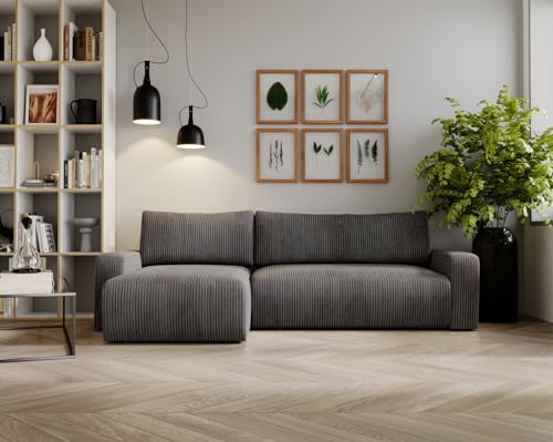 Kaiser Möbel, Ecksofa mit schlaffunktion, mit Bettkasten, Schlafsofa Argon, Designer Sofa, Modern Design Couch, Polsterecke, Freistehend, Zoom Stoff- Dicker Cord Dunkelgrau Ottomane Links
