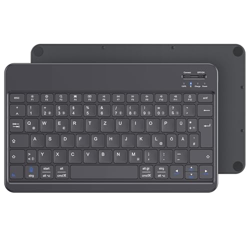 Emetok Deutsche Bluetooth Tastatur für iPad Air/iPad Pro/Mini/iPad 10.9/10.2/9.7/iPhone/Samsung/Android, Vergrößerte Tastenkappen, Wiederaufladbar, QWERTZ, Tragbare Kabellose, Ultra-dünn, Schwarz