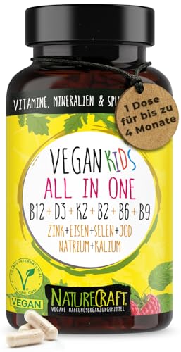 Vegan Kids All-in-One - Vitamin B12+D3+K2+B2+B6+B9 Folsäure + Zink + Eisen + Selen + Natrium + Kalium + Jod - Komplex für Kinder mit 120 Kapseln (max. 4 Monats-Vorrat)…