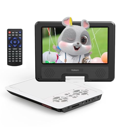 YOTON 9,5" Tragbarer DVD-Player für Kinder im Auto mit 7,5" HD-Schwenk Bildschirm, Stereo-Lautsprechern, 6 Stunden Akkulaufzeit, Sync-TV/USB/SD-Karten-Unterstützung, Weiß [Kein Blu-ray Support]