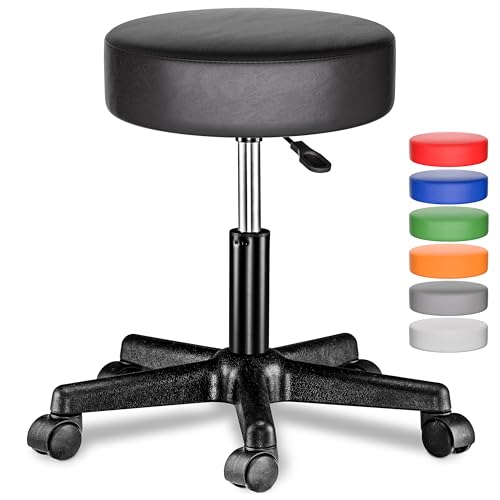 Casaria® Rollhocker Höhenverstellbar Schwarz 10cm Polsterung 46-60cm Sitzhöhe 360° Drehbar Ø35cm Rund Rollen Bürohocker Drehhocker Arbeitshocker Hocker