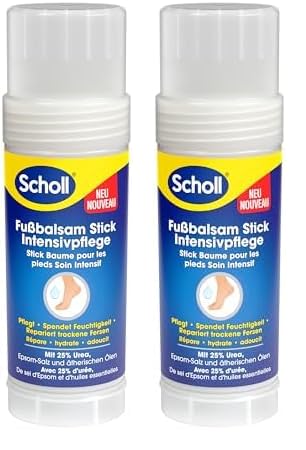 Scholl intensiv pflegender Fußbalsam Stick, zur Reparatur sehr trockener und rissiger Fersen, intensiv feuchtigkeitsspendend für gesunde Füße mit 25% Urea, Epsom-Salz und ätherischen Ölen