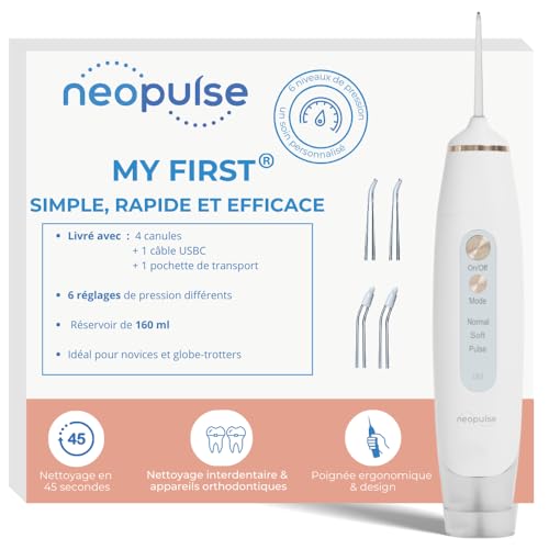 NEOPULSE® My First Munddusche Ultra Compact – Munddusche 2-in-1-4 Kanülen, 6 einstellbare Drucke, 165 ml, abnehmbarer Tank – entfernt Zahnbelag, reinigt kieferorthopädische Geräte – Weiß